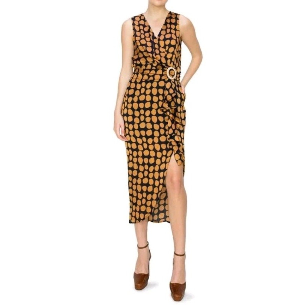 Melloday Women's Polka Dot Faux Wrap Ruffle Sleeveless Midi Dress Navy/Rust